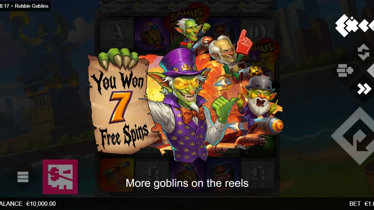 Isang makulay at magulong eksena mula sa Robbin' Goblins slot na nagpapakita ng mga goblin at mga paputok.